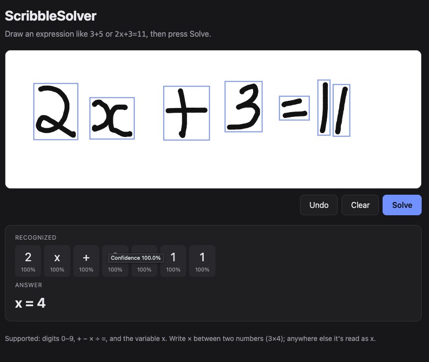 SketchSolve app recognizing a handwritten equation