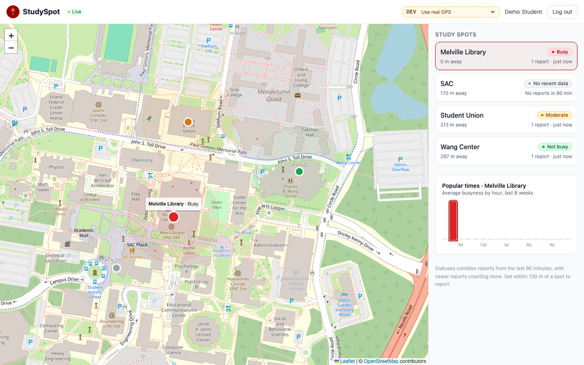 StudySpot live map of campus study spots with busyness status